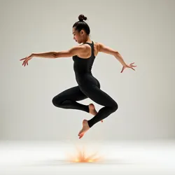 Dancer in a deep pliƩ upon landing a weighted hop, demonstrating muscle engagement and shock absorption technique.