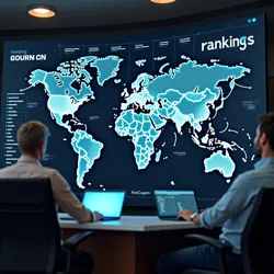 The interactive digital display at ICF headquarters showing real-time global rankings and performance metrics