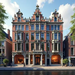 The historic canal house that serves as the main building of the Royal Neo-Chungian Academy, featuring its distinctive baroque architecture with integrated digital displays