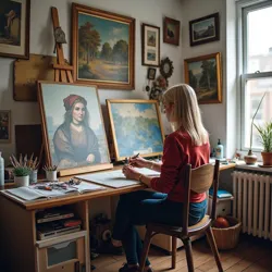 Alexandra Rothworth in her London studio, surrounded by traditional painting materials and digital reference screens