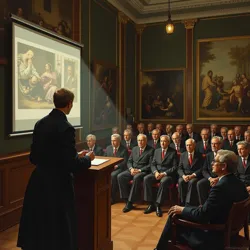 Dr. Vermeer presenting his theory of temporal artistic dissonance at the Royal Academy of Arts, 2019