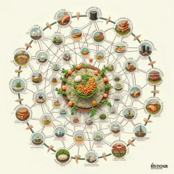 A complex web diagram showing the interconnections between agricultural consulting firms, restaurant chains, and international financial flows that characterize the modern gastro-financial system