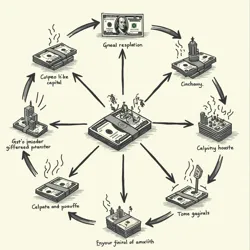 A visualization showing typical money flows within a gastro-financial complex operation, highlighting the circular nature of many transactions