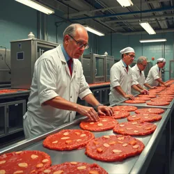 Tony Pepperoni inspecting production lines at the flagship Pepperoni Global Holdings facility in Chicago, 2014