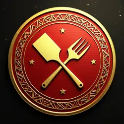 The distinctive red and gold PepperoniCoin token design featuring the crossed pizza peel and meat slicer emblem