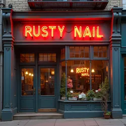 The iconic storefront of The Rusty Nail Club, featuring its signature neon sign made from salvaged typewriter parts