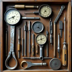 A collection of specialized typewriter repair tools, including custom-made alignment gauges and tension meters