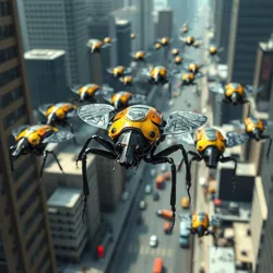 Mechanical scarab beetles patrolling a cityscape