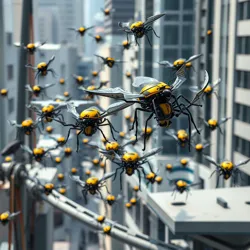 Swarm of maintenance drones repairing city infrastructure