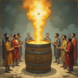 A rare historical illustration depicting the first documented Keg Stand of Enlightenment