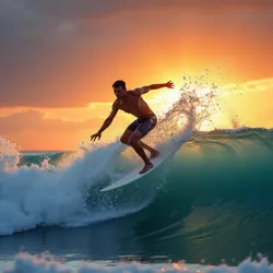 A master power surfer demonstrating advanced wave manipulation techniques during sunset