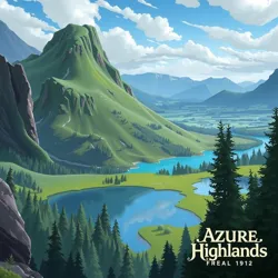 Azure Highlands landscape with rolling hills and alpine lakes