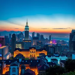 A panoramic view of Eldoria City's skyline at dusk