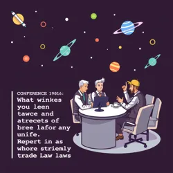 Depiction of a cosmic trade law conference among different planetary representatives