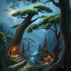 The enchanting landscape of Glintwood Hollow at dusk