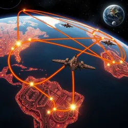 A depiction of interstellar trade routes connecting various planets