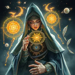 A depiction of a sorcerer-scientist merging magical elements with technological devices