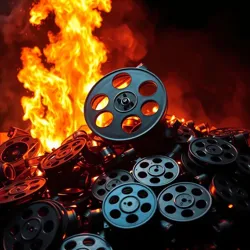 A burning pile of film reels