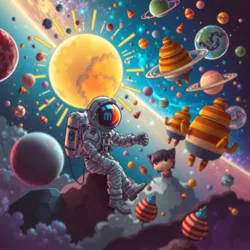 A vibrant depiction of an astronaut interacting with animated celestial bodies