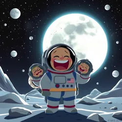 A whimsical scene at Lunar Laughter Station, showing an astronaut laughing with animated celestial characters