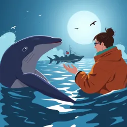 Illustration of a human and cetacean negotiating at sea