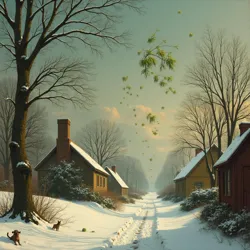 A contemporary painting depicting the massive mistletoe migration as it passed through the village of Hollyton, December 1842