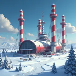 The Central Distribution Hub of the TPPDN, featuring its distinctive candy-cane striped pneumatic towers