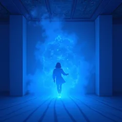 A contemporary art installation attempting to capture the essence of Phantom Blue using specialized pigments and lighting techniques