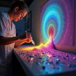 A master artist working with experimental transcendent pigments in a specialized chromatic laboratory