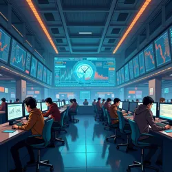 The ITCE trading floor during peak hours, where temporal currency traders monitor chronometric market fluctuations