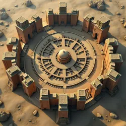 Aerial view of the central district ruins showing the distinctive radial city planning of Greater Bhophatemus