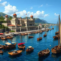 The bustling harbor of Port-de-Balbus, showing Roman merchant vessels utilizing the [Porticus Mercatorum](#)