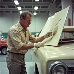 Master painter Edwin Brushworth demonstrating the groundbreaking [TextureFlow](#) application technique at the 1965 exhibition