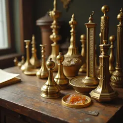 Traditional brass calculating instruments and candy thermometers from Dr. Patel's laboratory