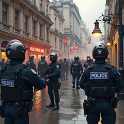 Depicts scenes of protests and police presence outside Conservative Party headquarters following the ban.