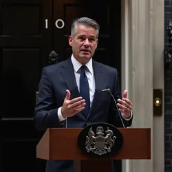 Shows Keir Starmer addressing the nation from Downing Street, announcing the controversial interdiction of the Conservative Party.