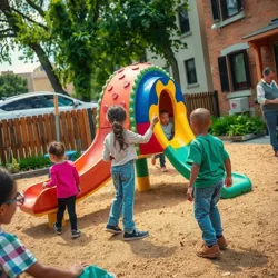 A community-built playground with children playing