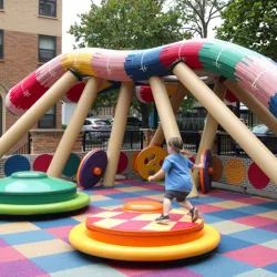 Colorful quilt-inspired play structures at Patchwork Playground