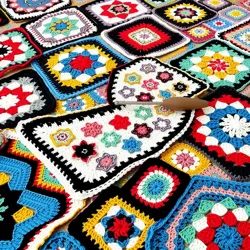 A vast field covered with a colorful crochet blanket