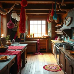 A mysterious wooden kitchen with colorful yarn hanging from the ceiling