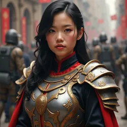 Amanda Chen, Chief Defense Officer of MegaCorp, wearing the traditional ceremonial armor during the annual Corporate Defense Summit