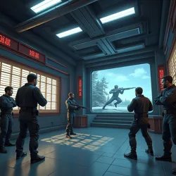 The advanced combat simulation chamber at MegaCorp's Global Defense Academy