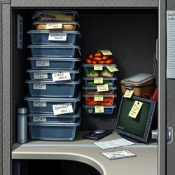 A heavily fortified desk cubicle with strategic paper clip arrangements