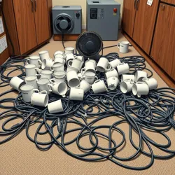 A complex network of extension cords traced on the office floor