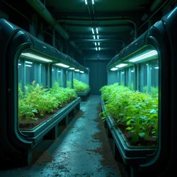 A modern dark agriculture facility showing bioluminescent fungi and piezo-powered growth chambers