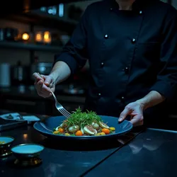 A chef working in a specialized dark gastronomy kitchen with bioluminescent ingredients