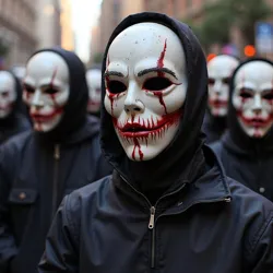 Members of the Malicious Design Movement staging their first major demonstration at the 2012 Silicon Valley Design Conference, wearing their signature "broken interface" masks