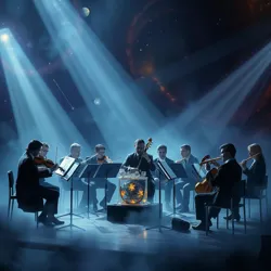 Orchestra performing with glowing instruments