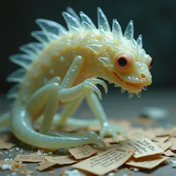 A translucent creature feeding on floating text