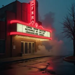 A neon-lit movie marquee with shifting smoke forming words